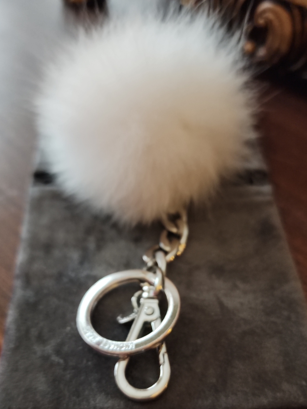 NWOT Michael Kors White Fox Fur Pom Pom Keychain with Silver Hardware